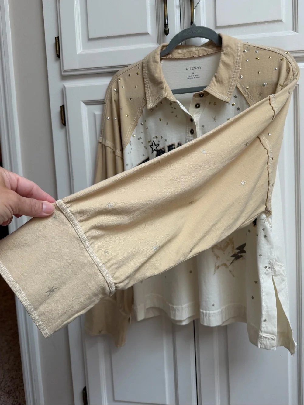 Anthropologie Pilcro Long Sleeve Stardust Graphic Henley Top Size Medium - Picture 10 of 16